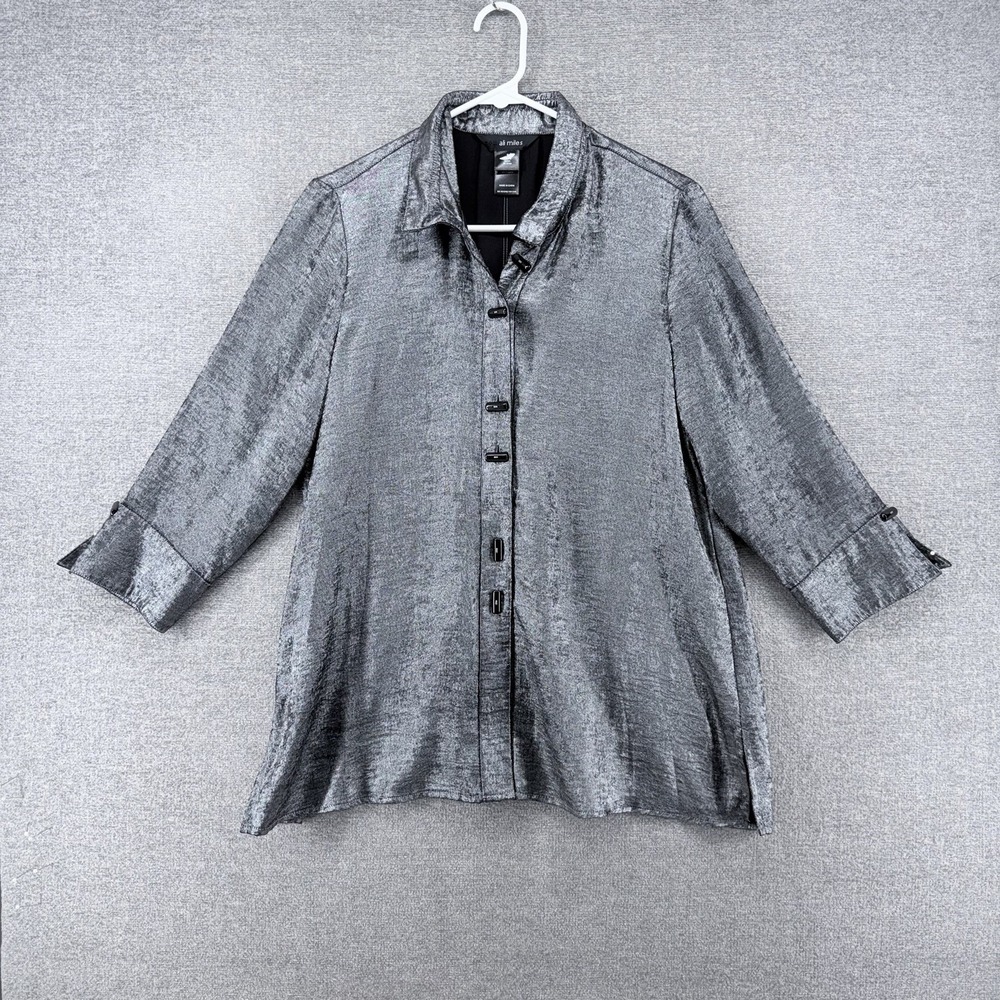 Ali Miles Blouse Top Women Size Small Silver Metallic 3/4 Sleeve Casual